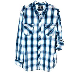 Skully‎ Western Snap Shirt Men's 2XL XXL 50 Chest Blue Plaid Roll Tab Sleeves